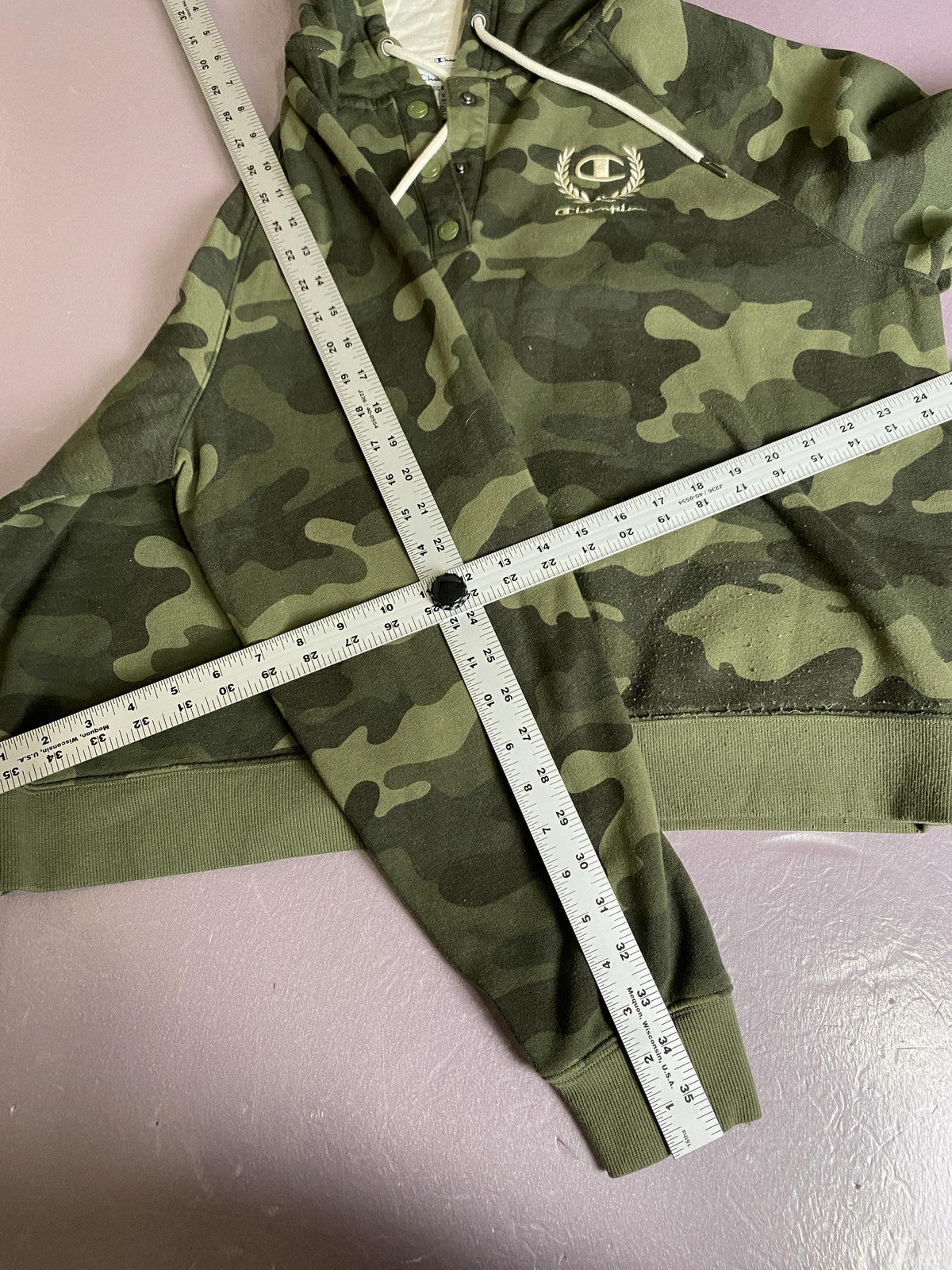 Champion Hoodie Mens XL Green Camo Snap Henley Fleece Army Logo Sweatshirt