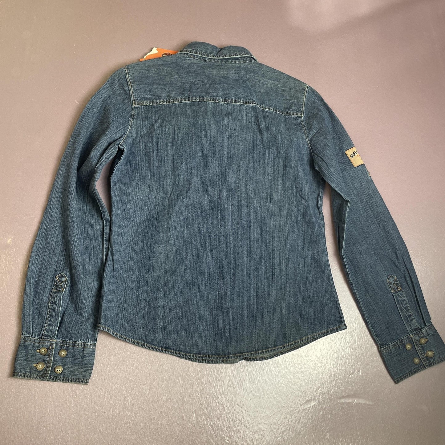 Harley-Davidson Shirt Womens XS Blue Denim Button Down Long Sleeve Western Logo