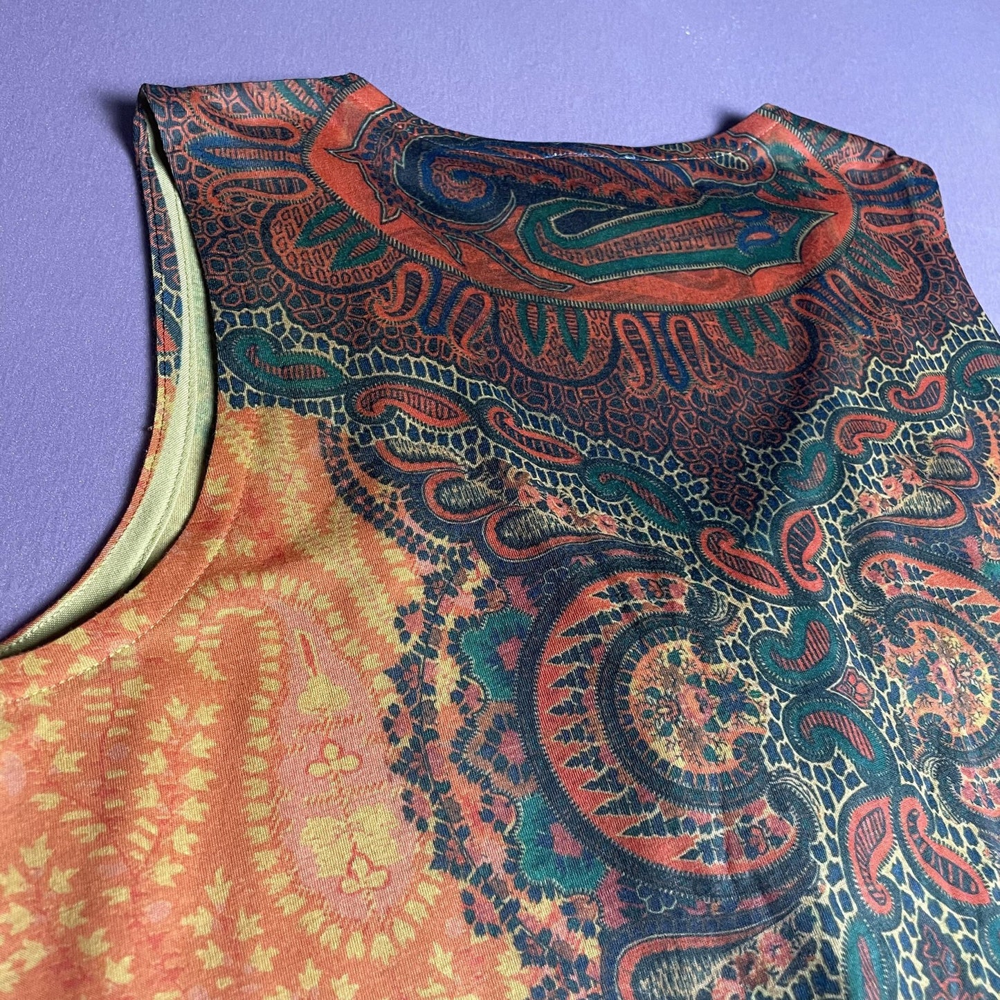 Ransom Tank Top Womens Medium Orange Green Paisley Ruffle Neck Sleeveless Boho