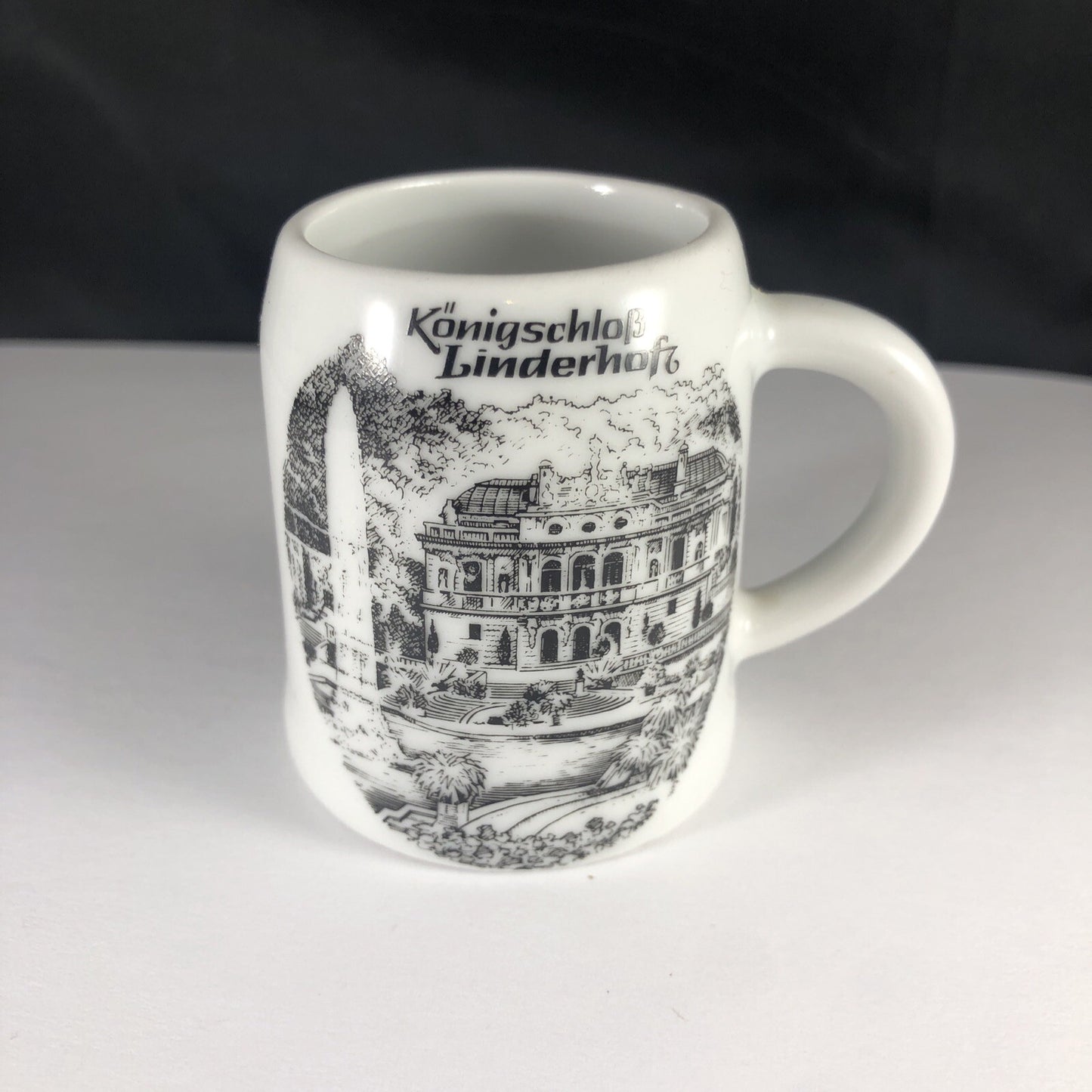 Linderhofz Porcelain Souvenir CERAMIC BEER STEIN GERMANY Shot Glass Konigschlob