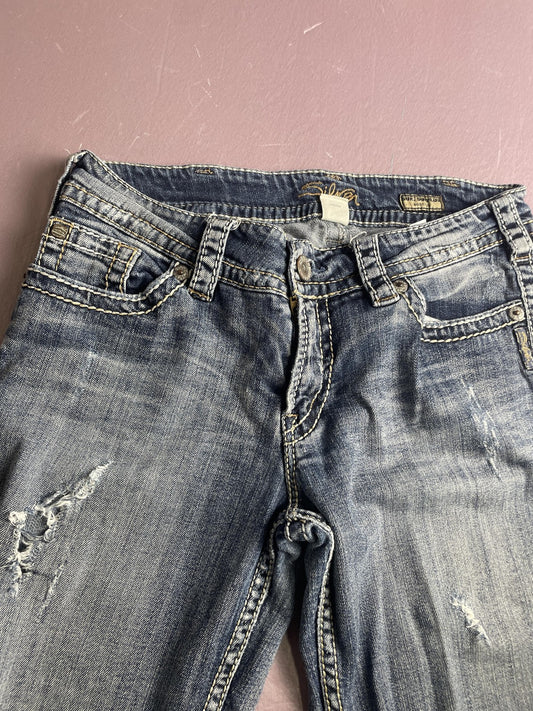 Silver Jeans Co Jeans Womens W30/L32 Blue Suki Surplus Bootcut Distressed Denim
