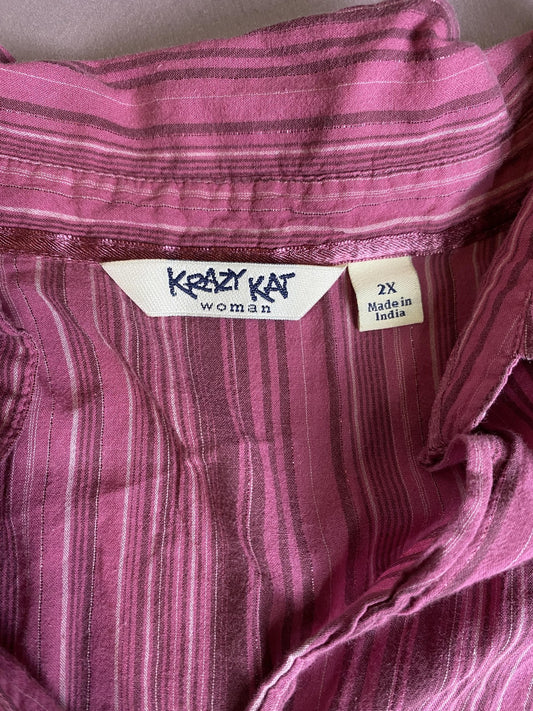Krazy Kat Shirt Womens 2X Pink Striped Button Up 3/4 Sleeve Top Collared