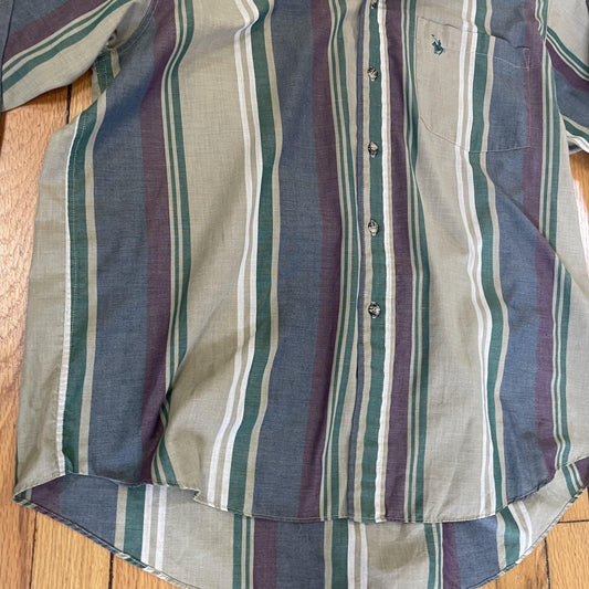 Knights of Round Table Shirt Mens XL Green Purple Striped Button Up Long Sleeve
