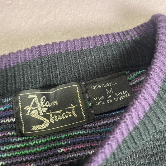 Vintage Alan Stuart Sweater Mens Medium Black Purple Abstract Textured Knit 80s