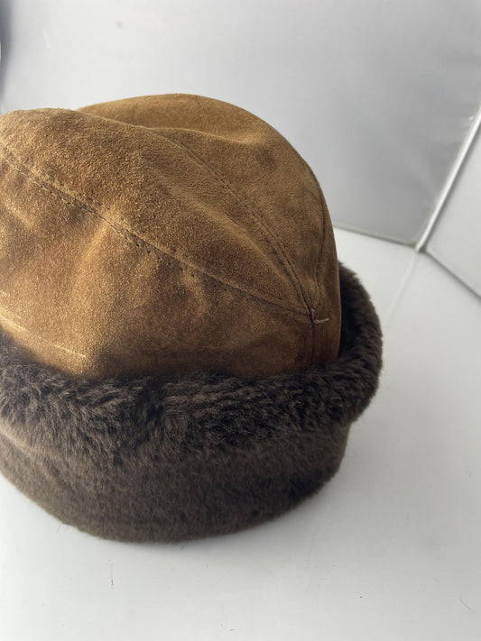 Suede Hat Cossack Fitted Mens Large Brown Faux Fur Made in USA Quilted Lining
