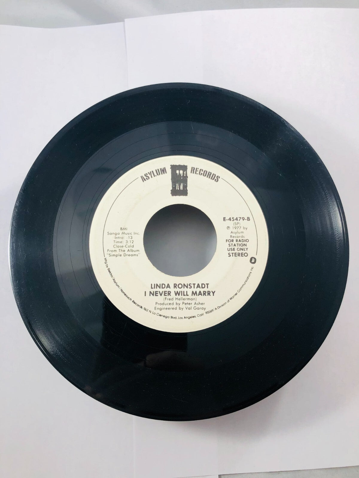 LINDA RONSTADT 7" 45 RPM "I Never Will Marry" Promo Copy G+ condition DJ vintag