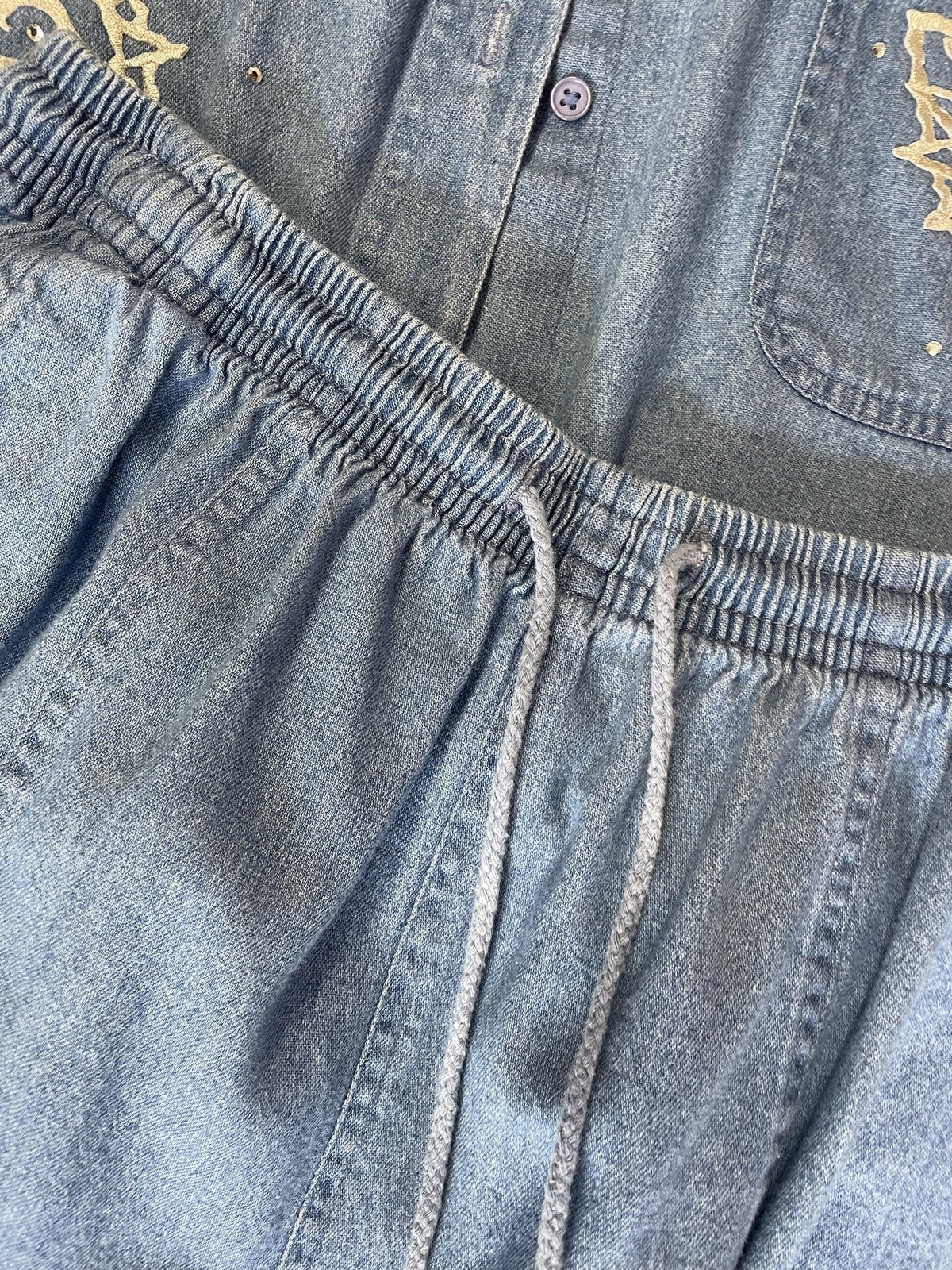 Las Olas Shirt Pants Set Womens 1X Blue Denim 2 Piece Cropped Aztec Sun Print