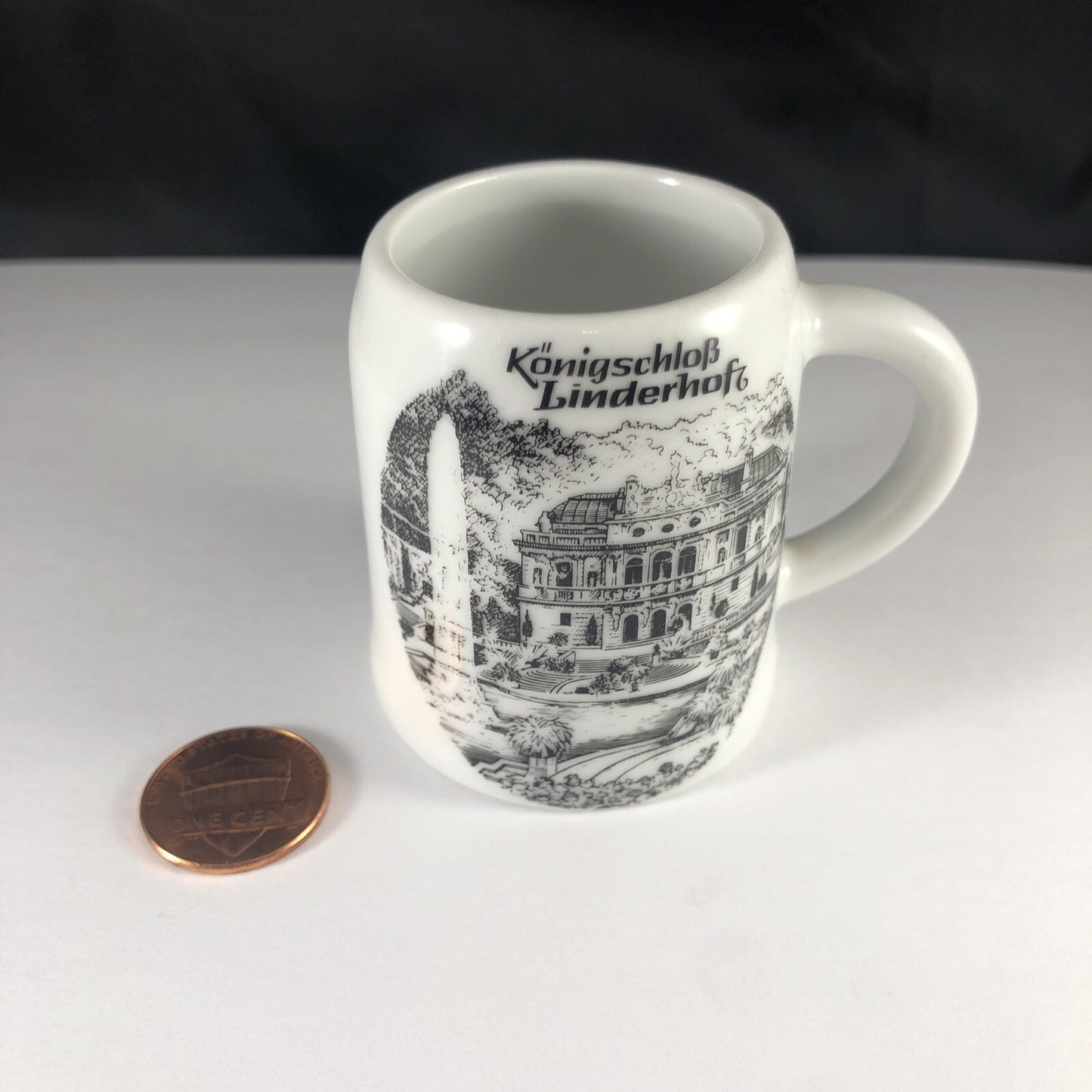Linderhofz Porcelain Souvenir CERAMIC BEER STEIN GERMANY Shot Glass Konigschlob