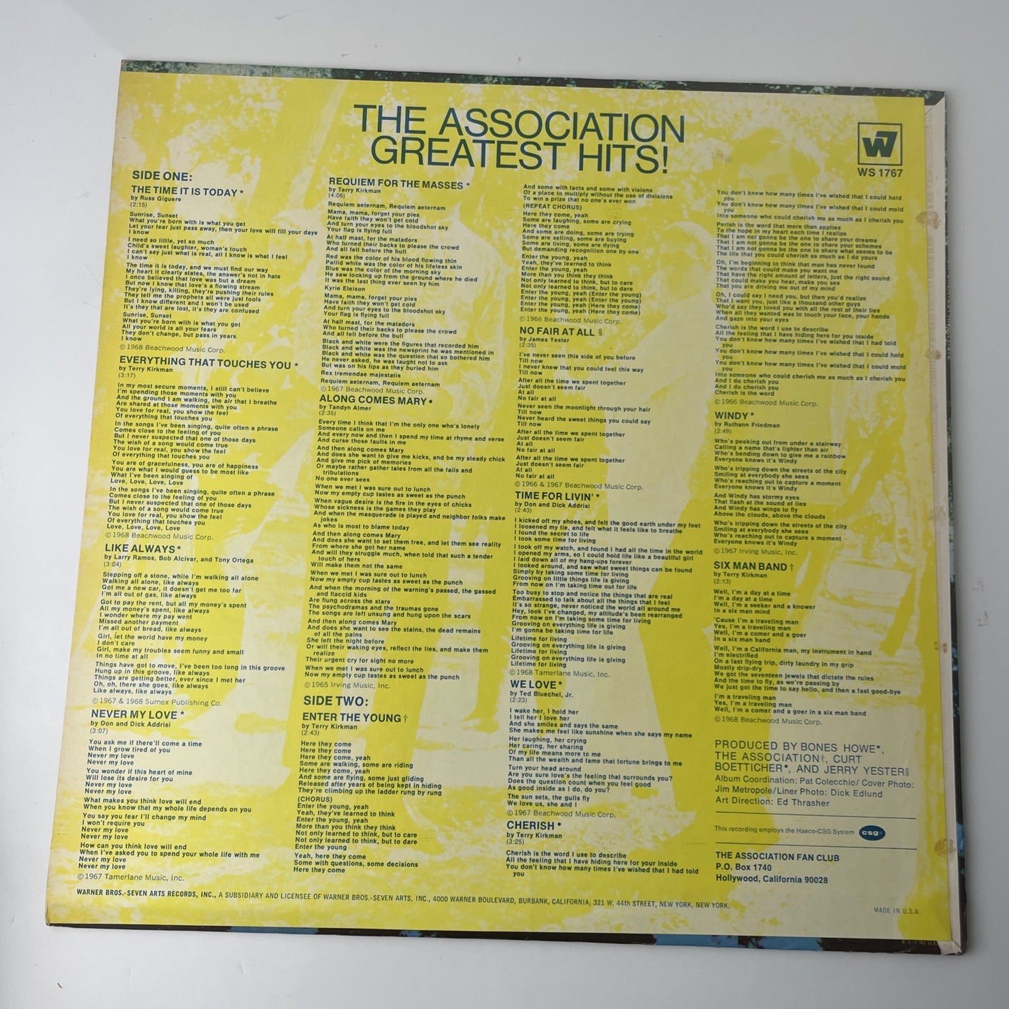 THE ASSOCIATION GREATEST HITS LP "CHERISH" 1967 RECORD WARNER BROTHERS WS 1767