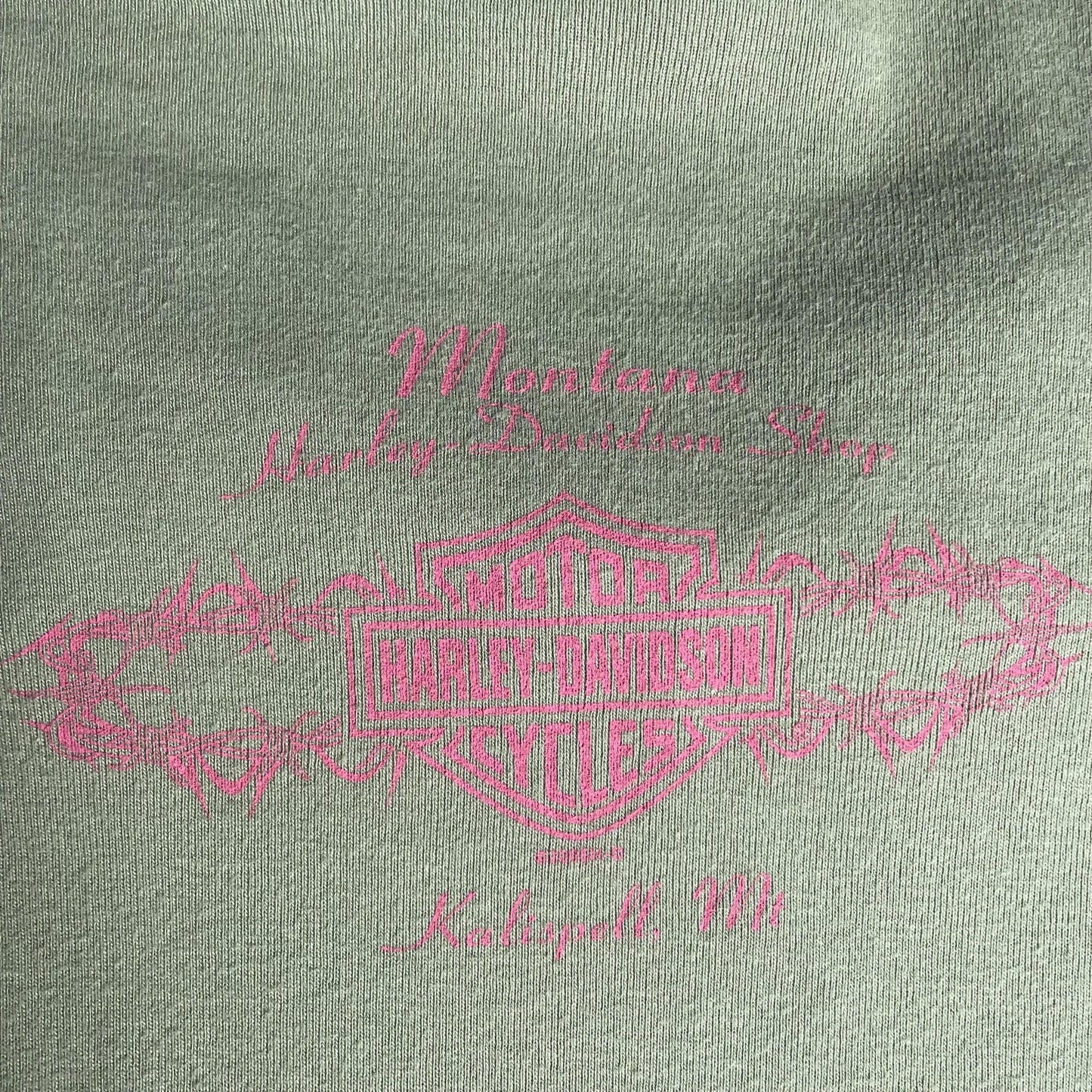 Harley-Davidson Shirt Womens 2X Green Pink Camo Spell Out Montana Kalispell