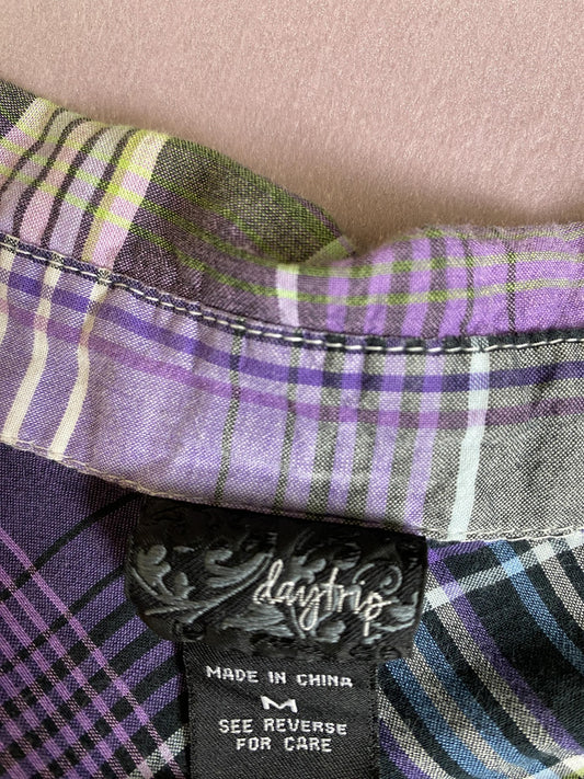 Daytrip Shirt Womens Medium Purple Plaid Sequin Button Front Long Sleeve