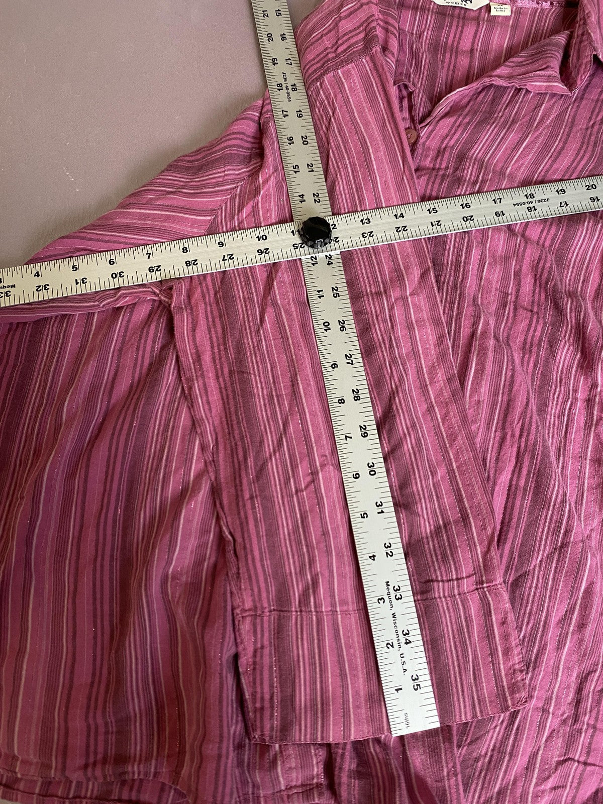 Krazy Kat Shirt Womens 2X Pink Striped Button Up 3/4 Sleeve Top Collared