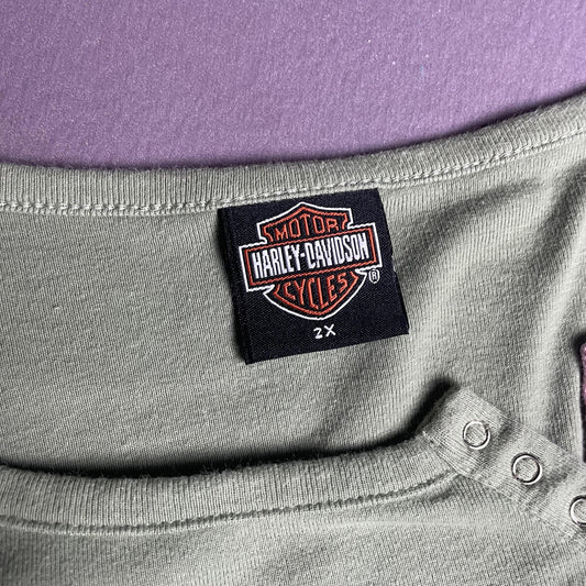 Harley-Davidson Shirt Womens 2X Green Pink Camo Spell Out Montana Kalispell