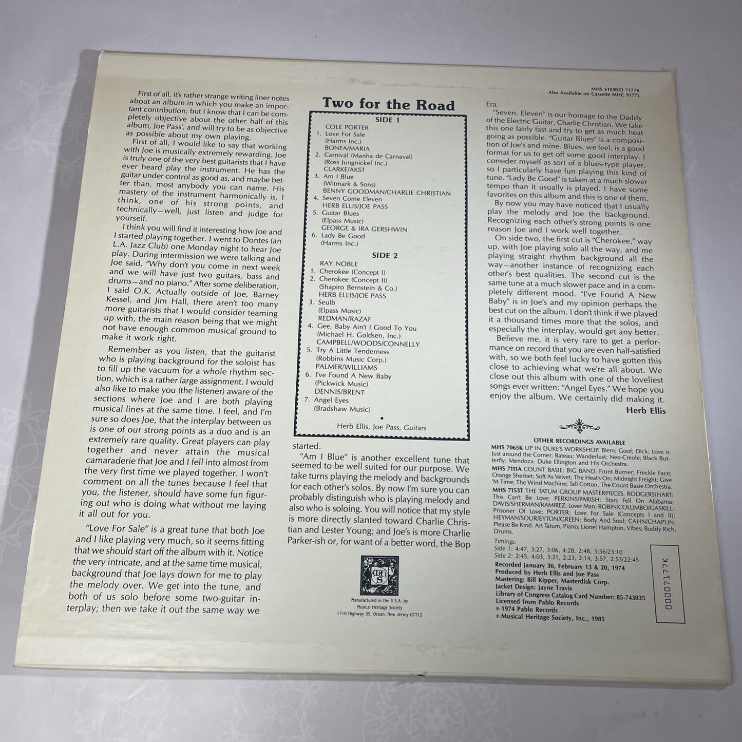 HERB ELLIS & JOE PASS "Two For The Road" 1974 (PABLO/MHS7177K) JAZZ EX/EX!