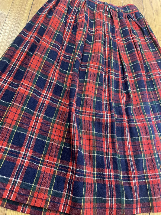 Vintage Plaid Wool Skirt Womens Medium Red Navy Pleated Tartan Midi 80s Classic