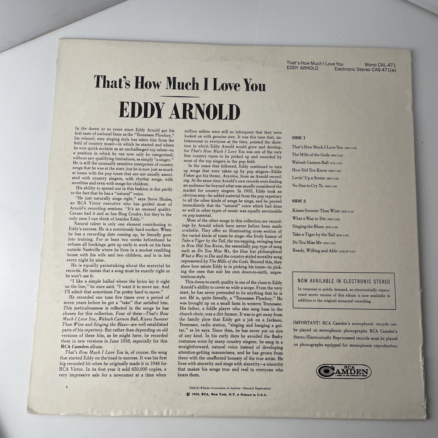 Eddy Arnold Thats How Much I Love You RCA Camden Records 33rpm VINYL LP Record