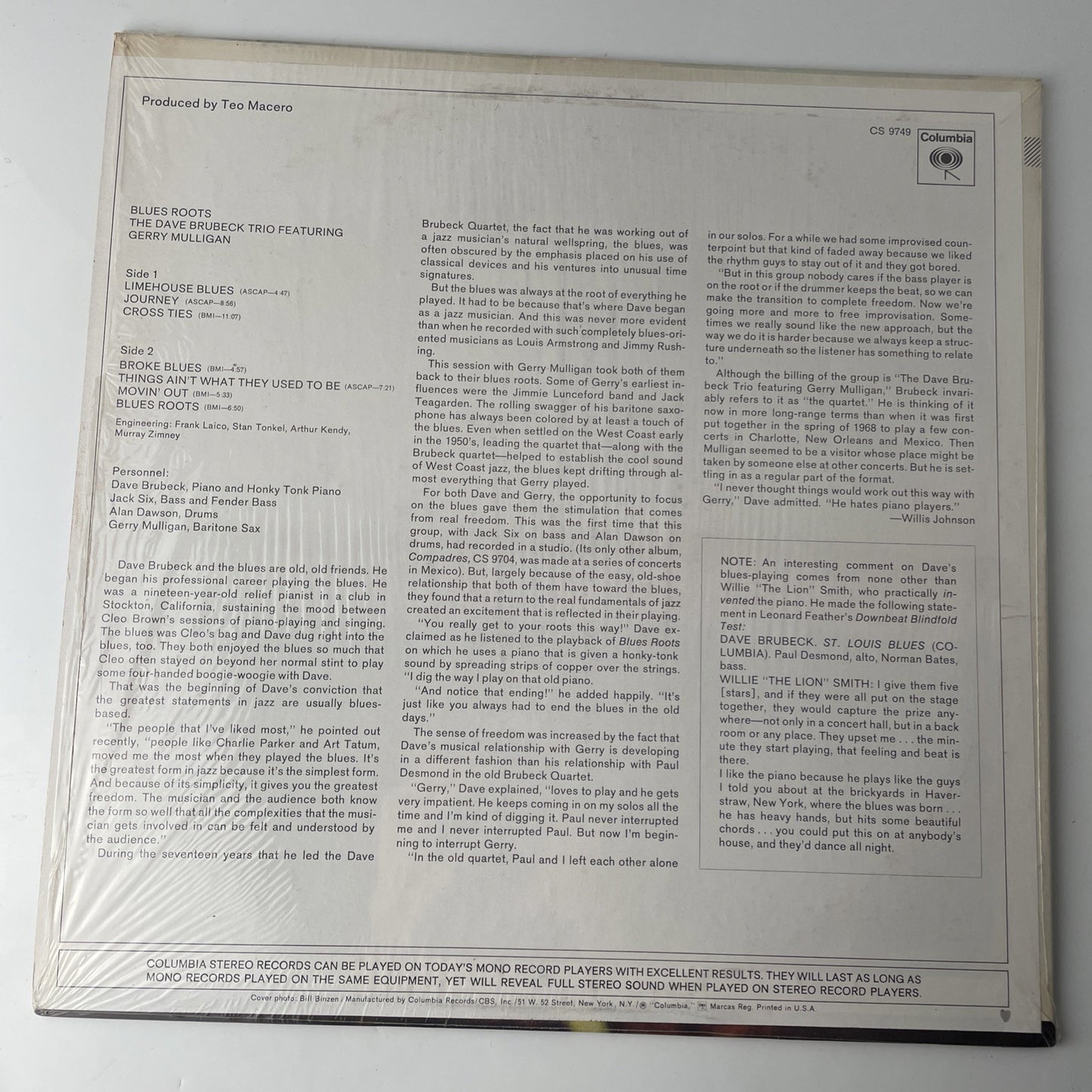The Dave Brubeck Trio Blues Roots Lp / CS 9749 Vinyl Record VG