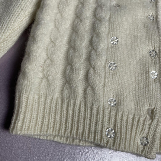 Hand Knit Cardigan Sweater Girls Small Ivory Cable Knit Crystal Flower Buttons
