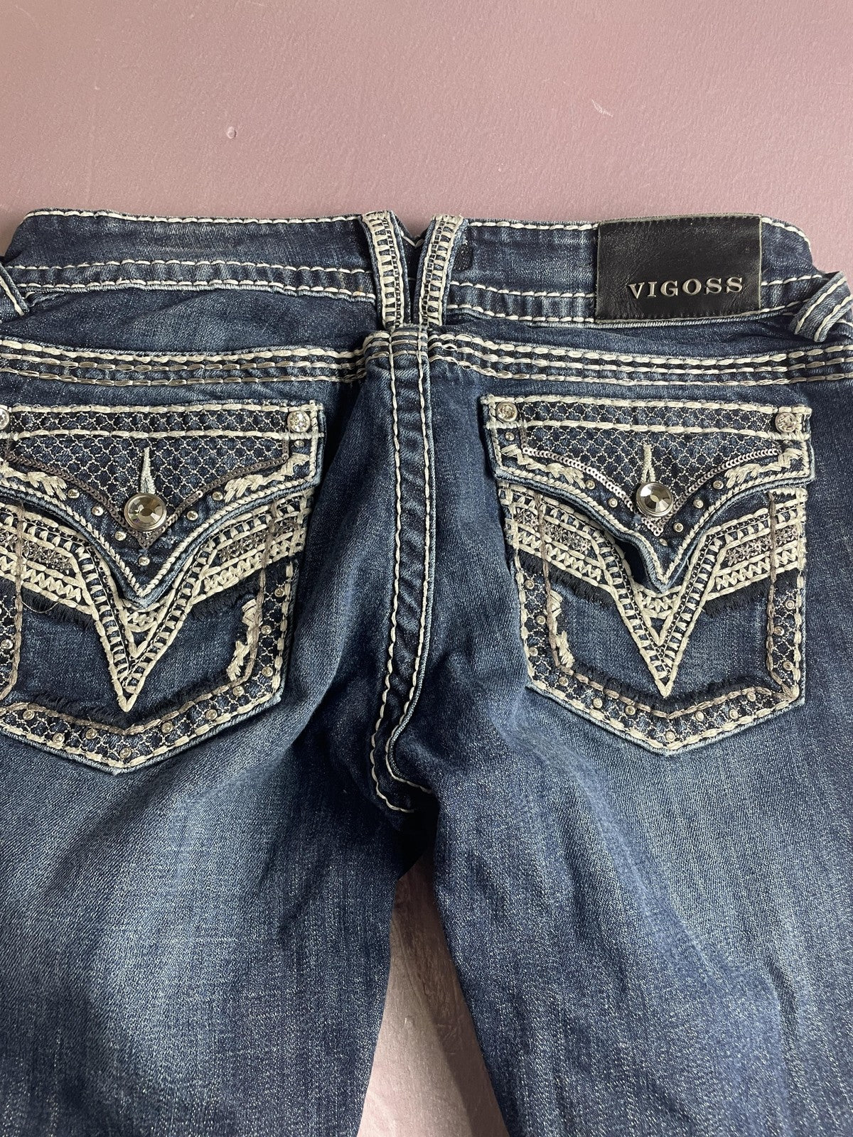 Vigoss Capri Jeans Womens 29 Blue Low Rise New York Embroidered Rhinestone Denim