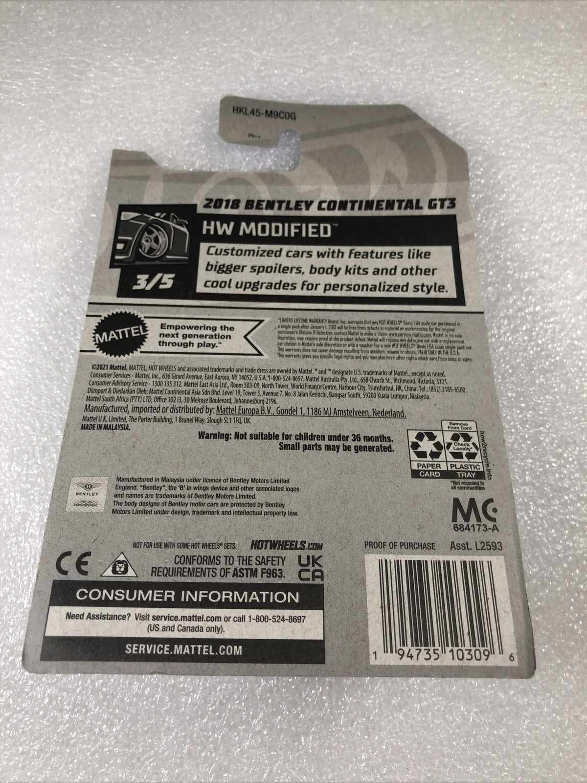 Hot Wheels 2023 2018 Bentley Continental GT3 (Gray) HW Modified 3/5 #44