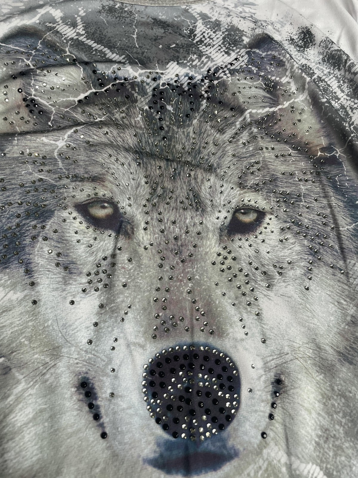 Wolf Shirt Womens Large Gray White Rhinestone Embellished Graphic 3/4 Sleeve