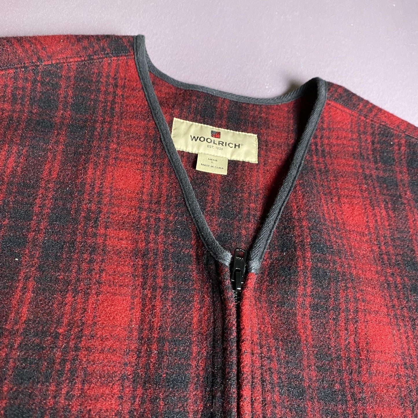 Woolrich Vest Mens Large Red Black Plaid Wool Hunting Outdoor Pockets Zip Canvas
