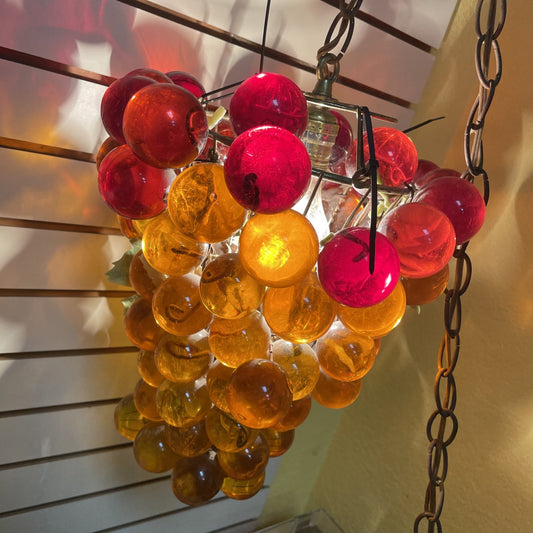 Vintage MCM 60s Hanging Lamp of Lucite Grapes- Orange/Red Cluster Winery Decor