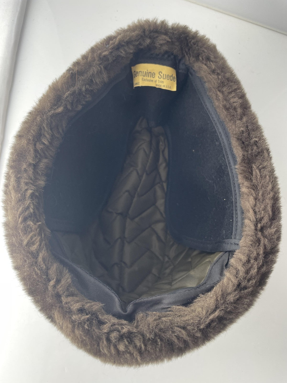 Suede Hat Cossack Fitted Mens Large Brown Faux Fur Made in USA Quilted Lining