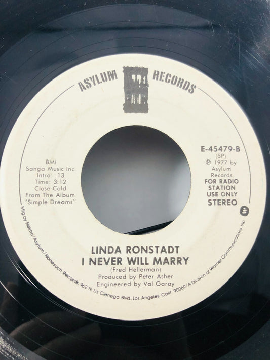 LINDA RONSTADT 7" 45 RPM "I Never Will Marry" Promo Copy G+ condition DJ vintag