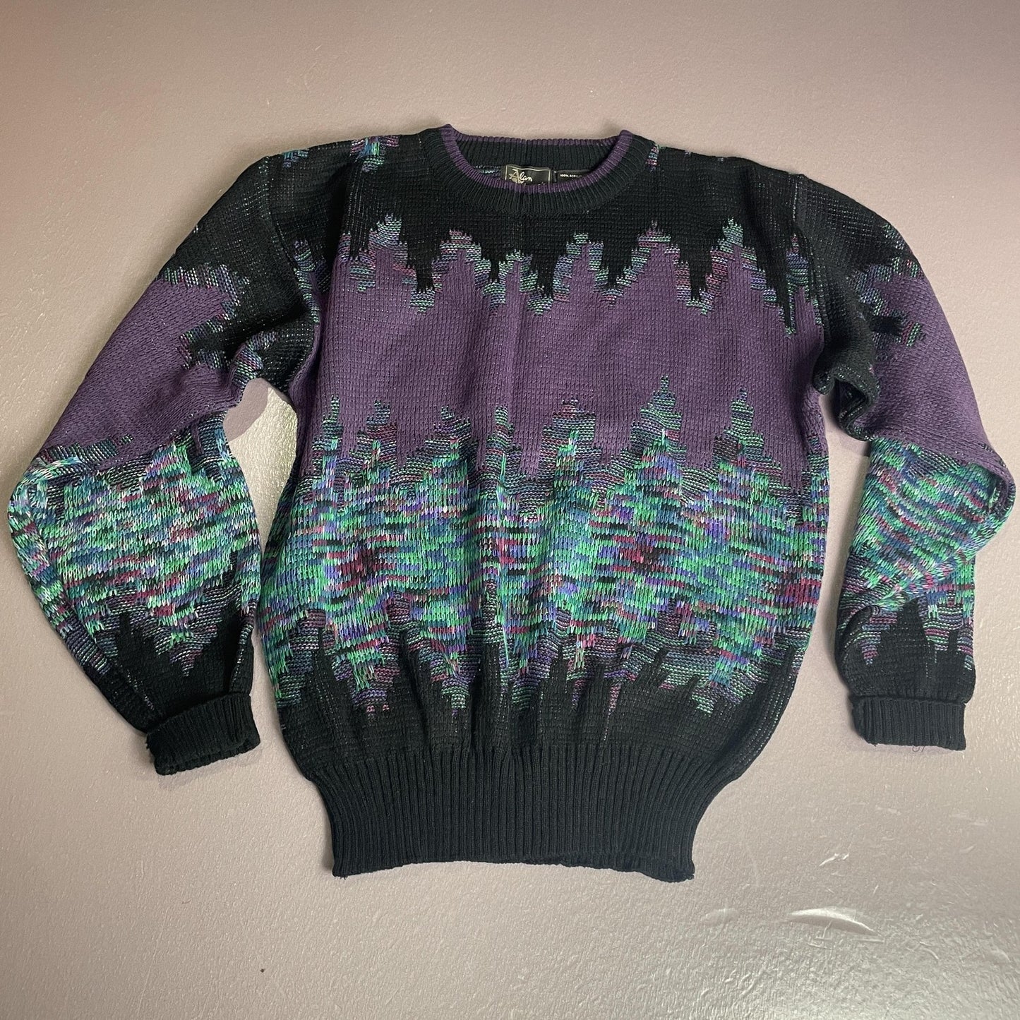 Vintage Alan Stuart Sweater Mens Medium Black Purple Abstract Textured Knit 80s