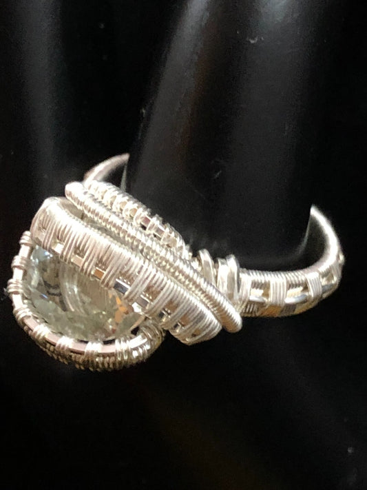 Faceted Quartz Handmade Ring in .999 Fine Silver Polished Wire Wrap size 9.5