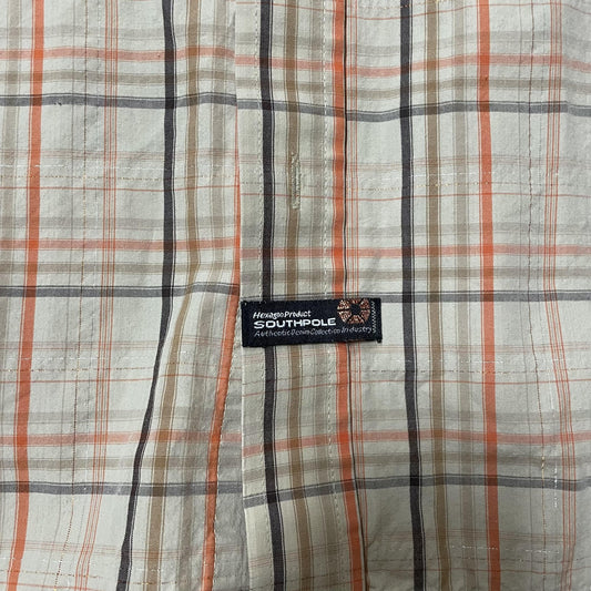 Southpole Shirt Mens Medium Orange Beige Plaid Short Sleeve Button Up Casual