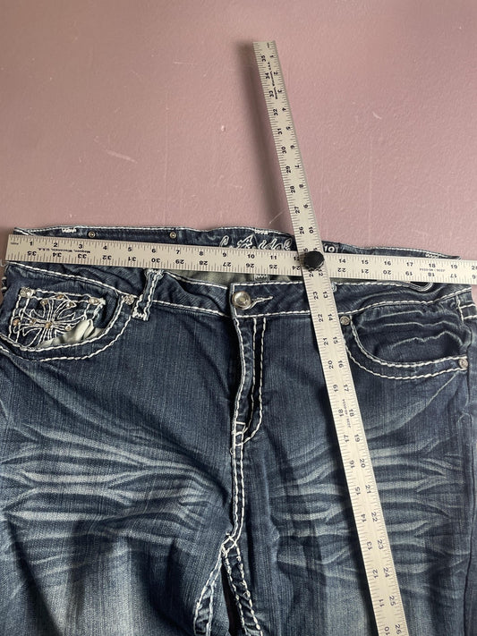 LA Idol Jeans Juniors 19 Blue High Rise Bootcut Embroidered Rhinestone Denim