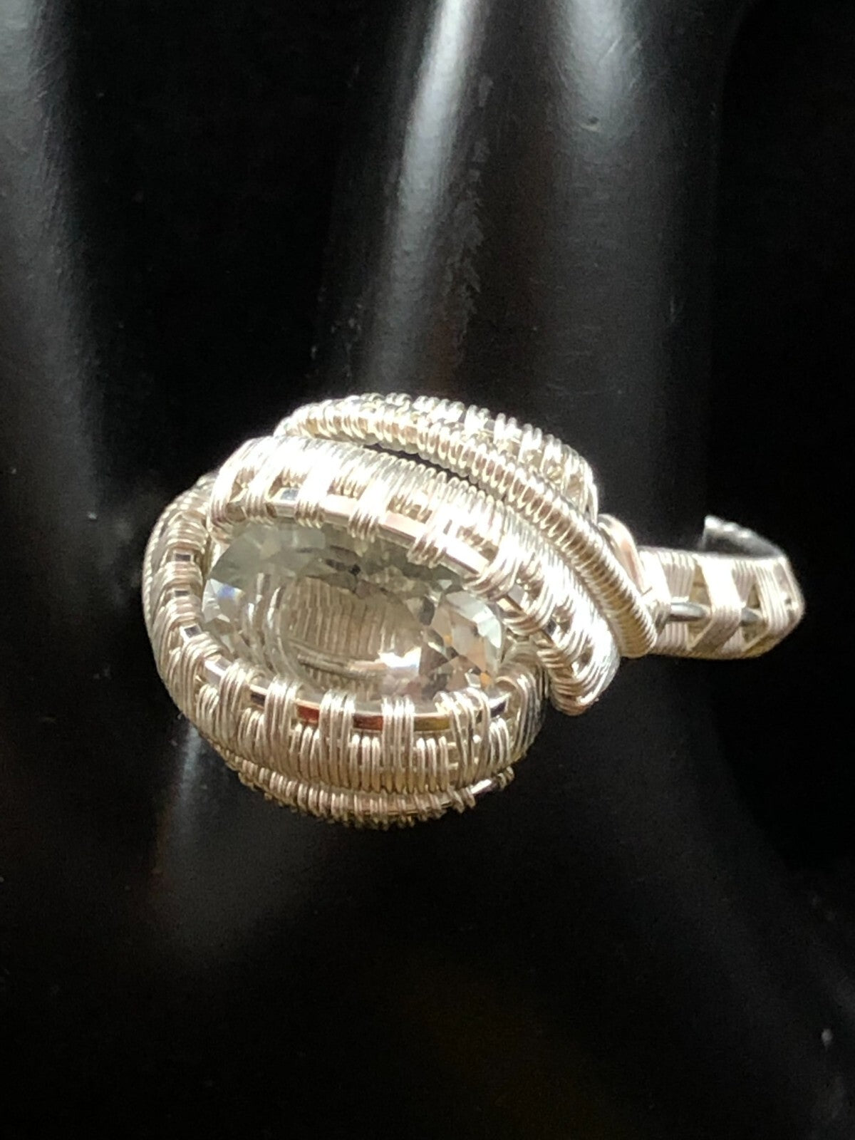 Faceted Quartz Handmade Ring in .999 Fine Silver Polished Wire Wrap size 9.5