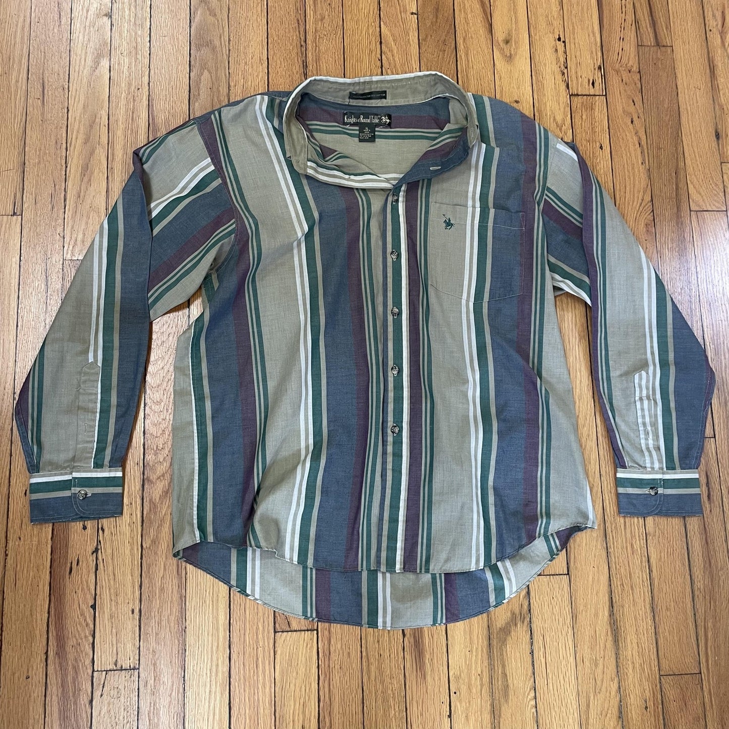 Knights of Round Table Shirt Mens XL Green Purple Striped Button Up Long Sleeve