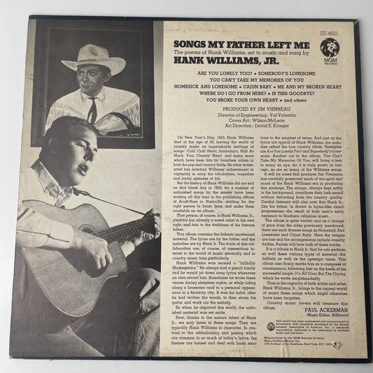 Hank Williams Jr. Songs My Father Left Me MGM Records SE-4621 1969 Vinyl LP