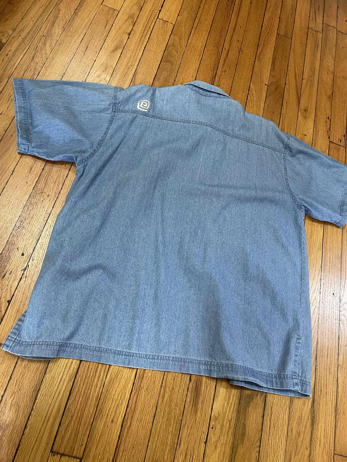 Las Olas Shirt Pants Set Womens 1X Blue Denim 2 Piece Cropped Aztec Sun Print