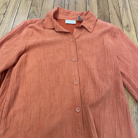 Studio Works Shirt Womens Small Orange Crinkle Button Up Blouse Long Sleeve Top