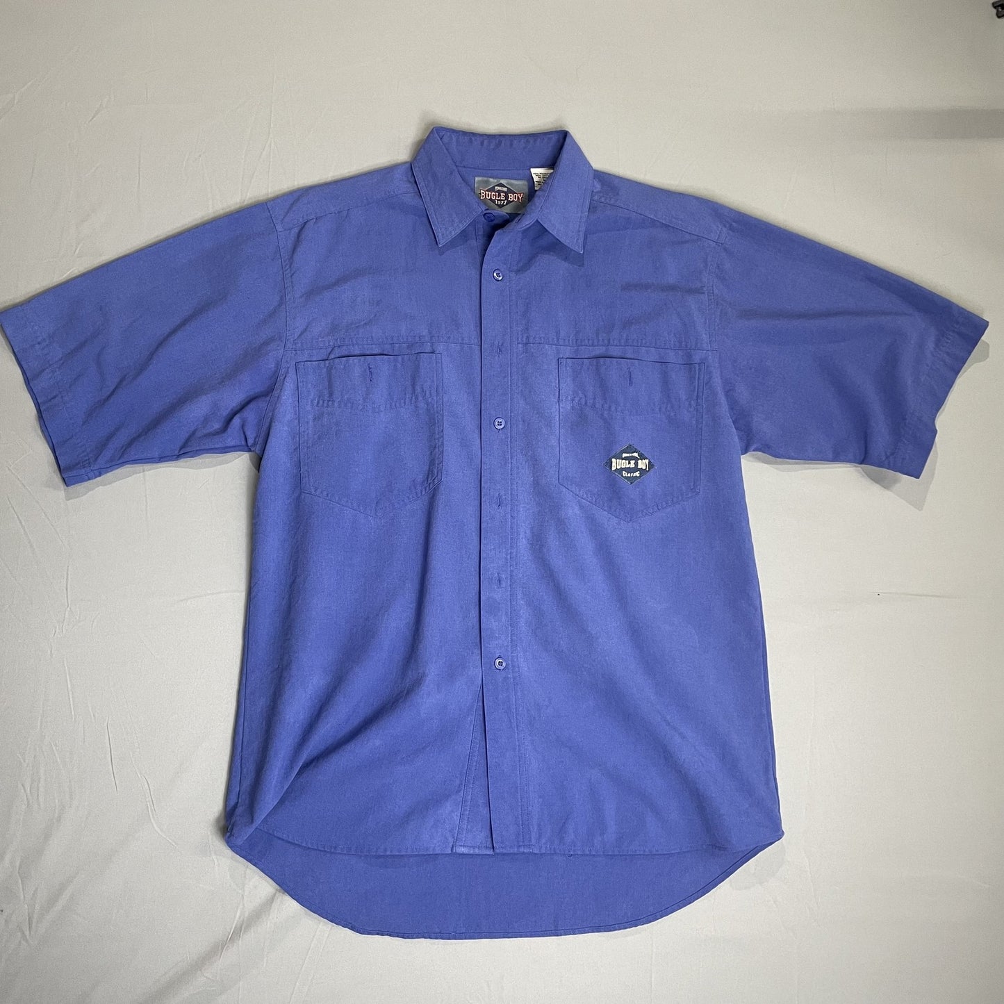Vintage Bugle Boy Shirt Mens Medium Blue Short Sleeve Button Up Classic 90s