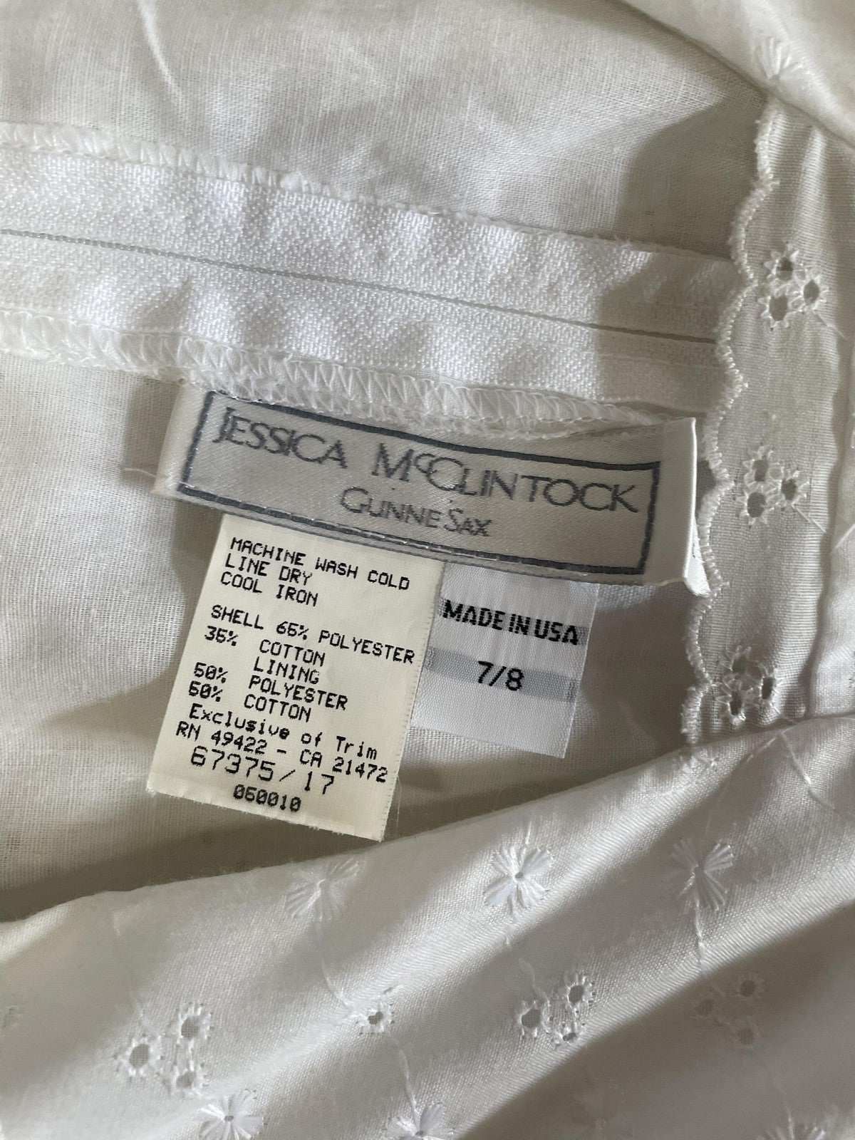 Vintage Gunne Sax Jessica McClintock Dress Womens 7/8 White Eyelet Lace USA