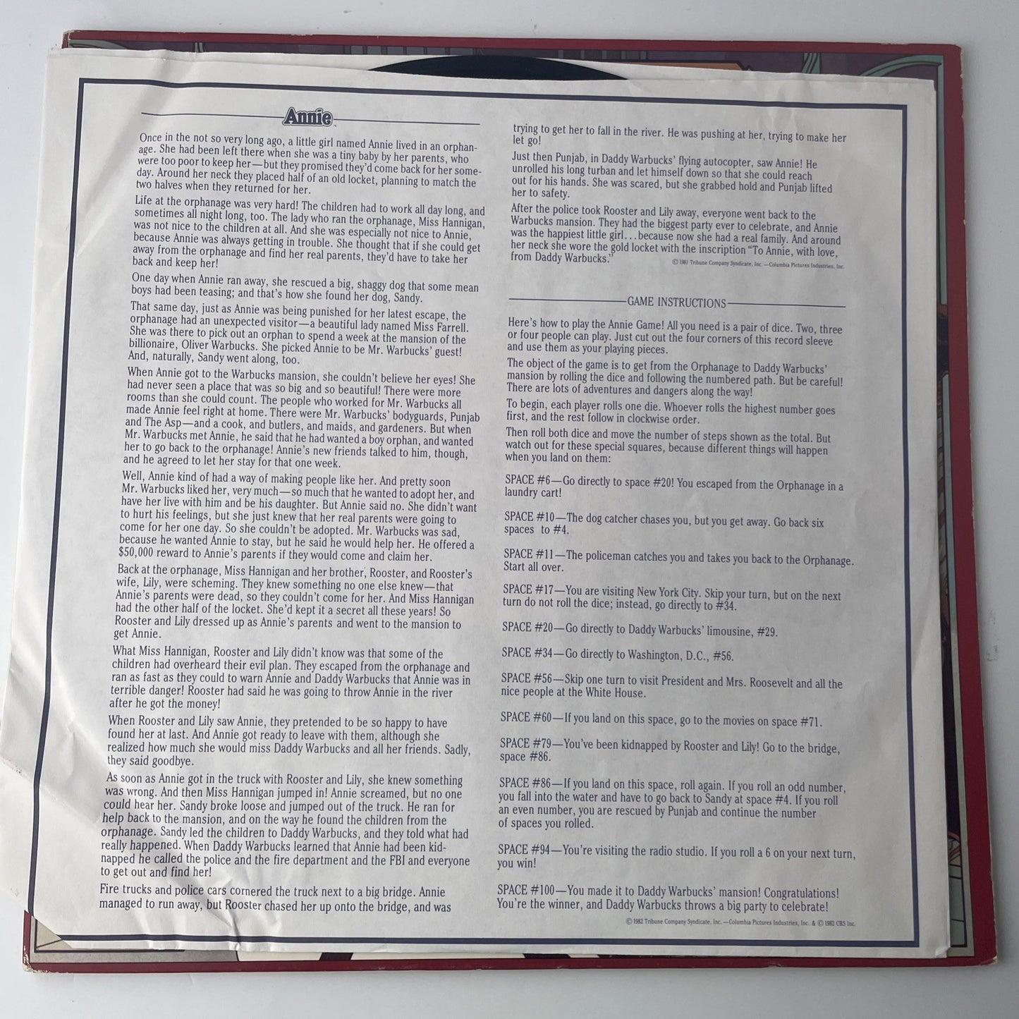 Annie Soundtrack Vinyl Record Gatefold LP 1982 Columbia Story Game Board VG