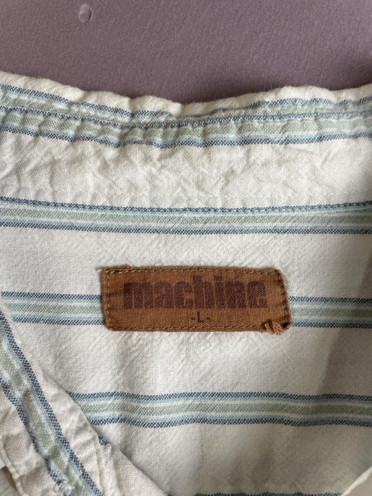 Machine Shirt Mens Large White Blue Green Stripe Sleeveless Button Down Cutoff