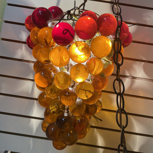 Vintage MCM 60s Hanging Lamp of Lucite Grapes- Orange/Red Cluster Winery Decor