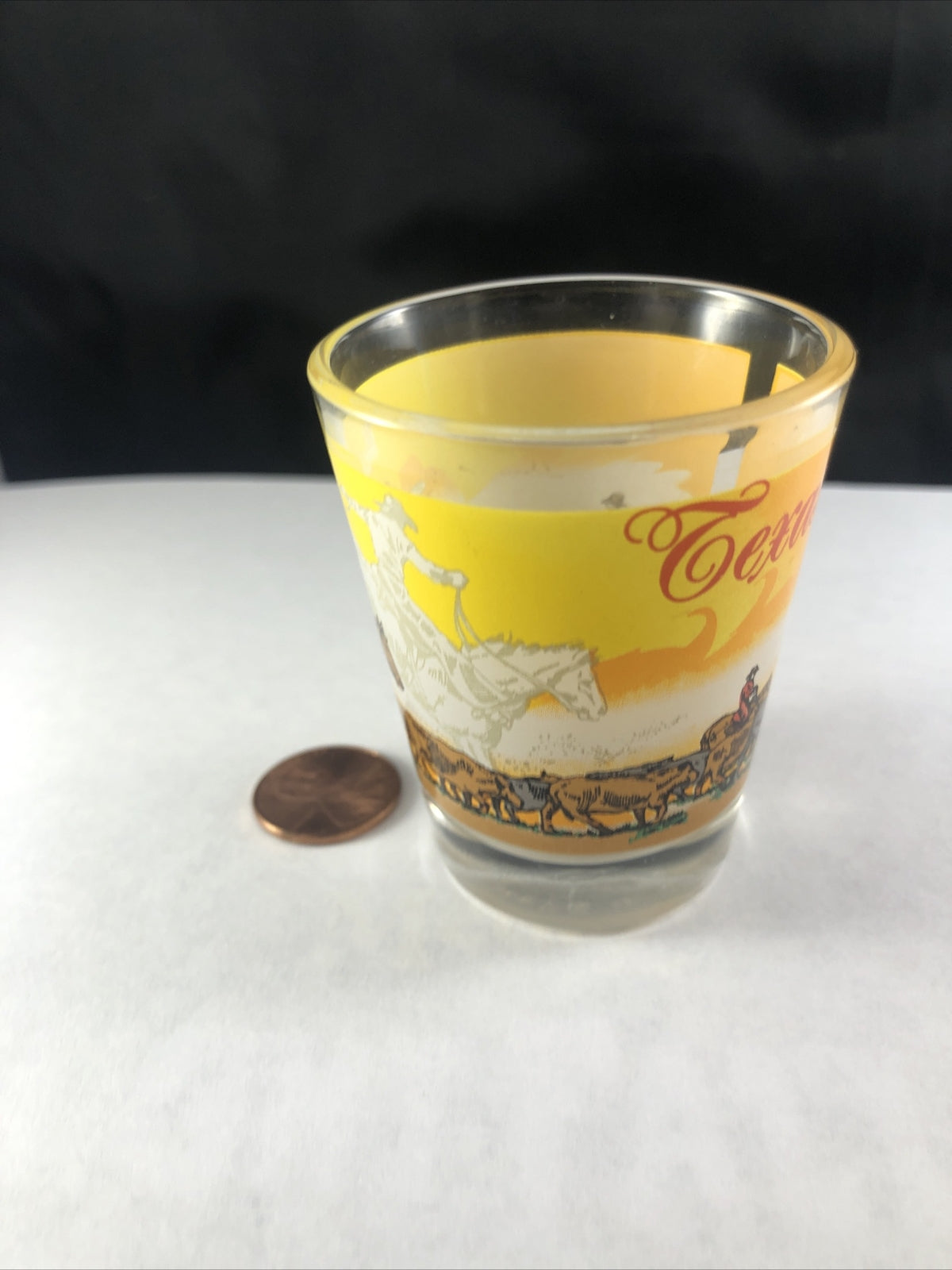 Texas  Souvenir Shot Glass White Yellow Cowboys Mustangs COMBINE SHIPPING Cattle