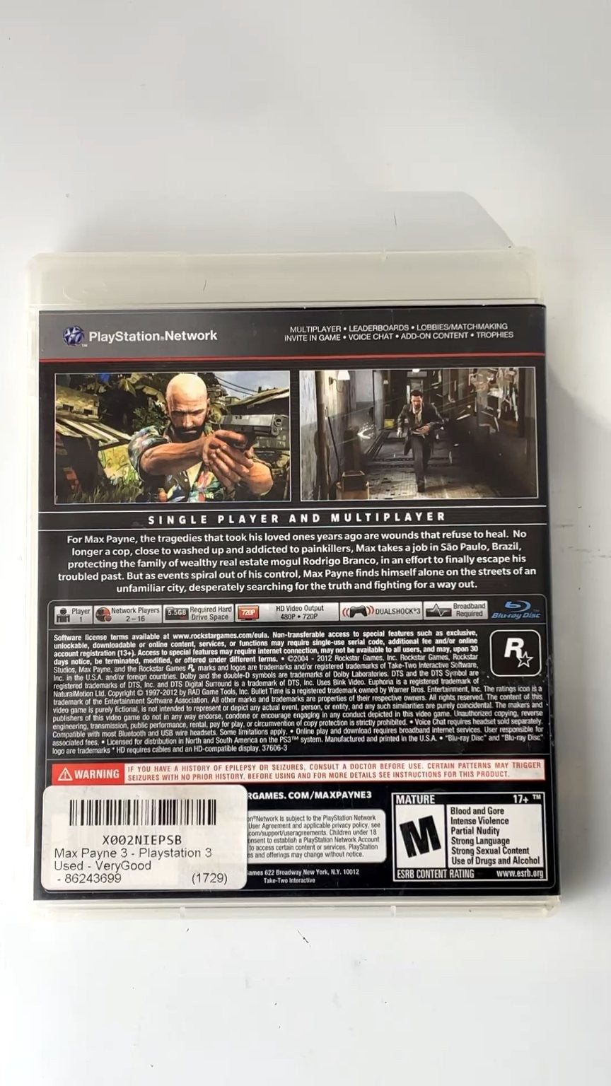 Max Payne 3 PS3 Video Game Multiplayer Shooter Action