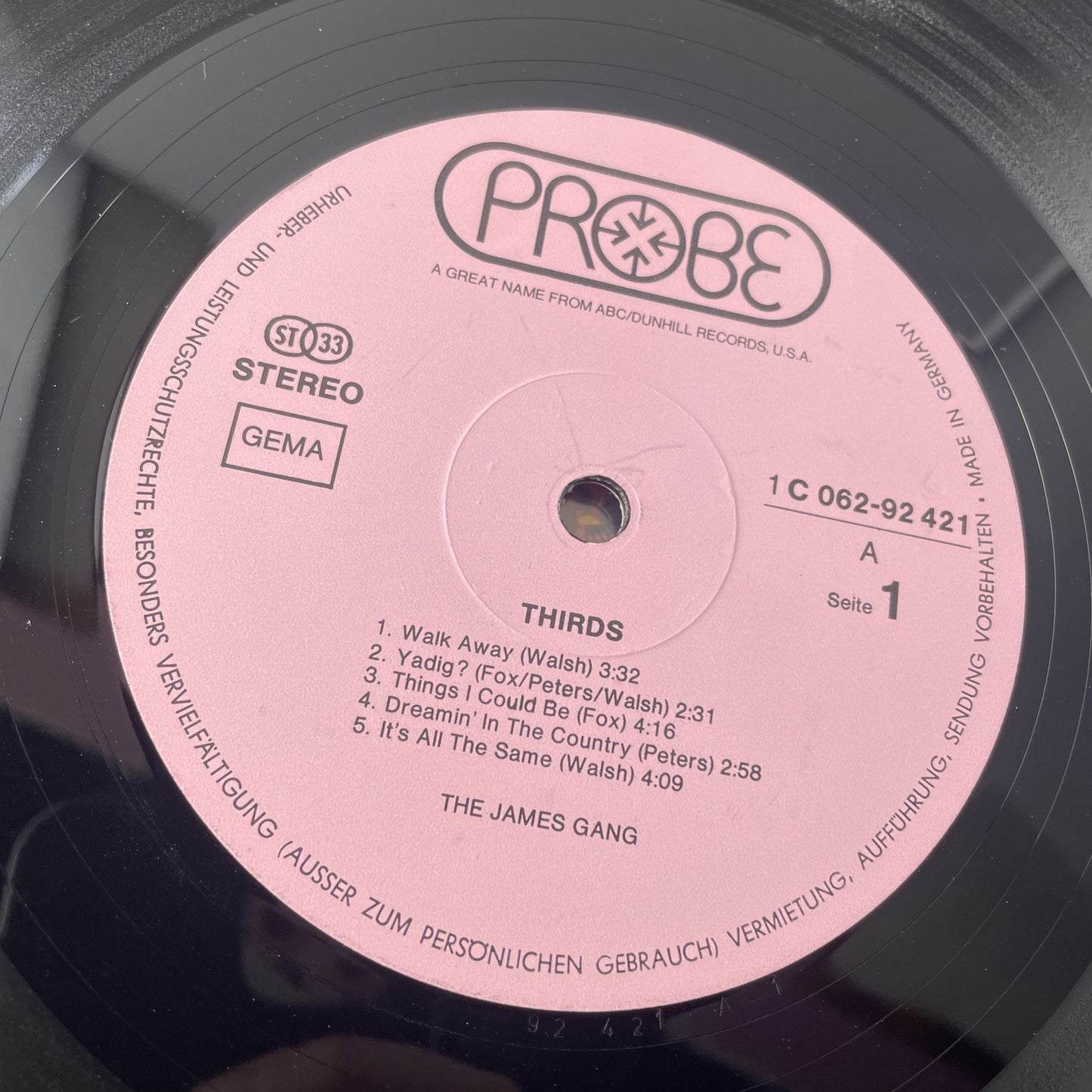 German Pressing JAMES GANG - THIRDS VINYL LP 1971 VG - COMBINED SHIP Probe Label