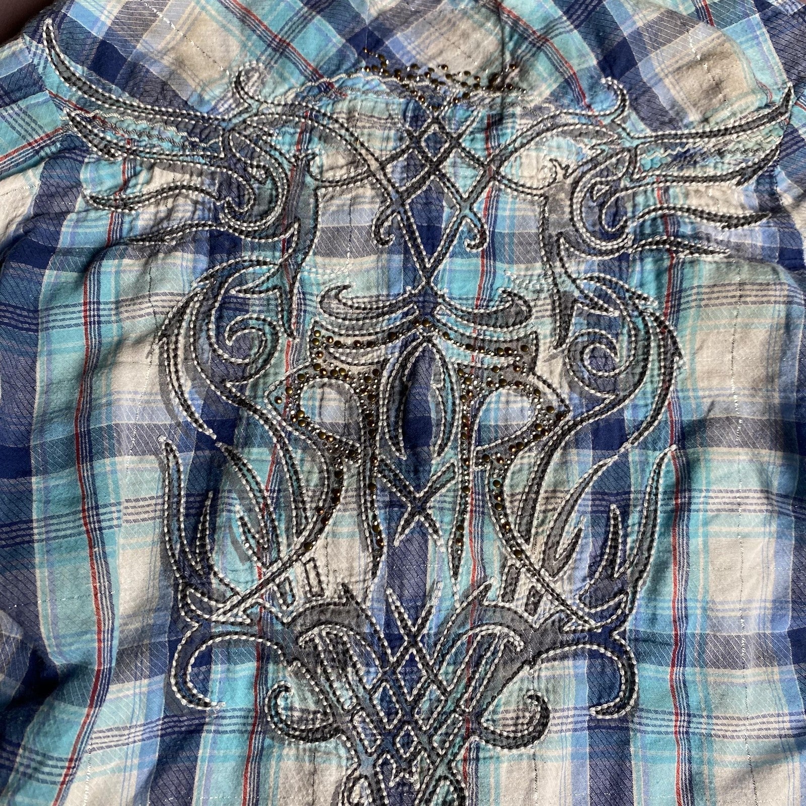 Roar Shirt Womens Small Blue Plaid Embroidered Western Snap Button Distressed