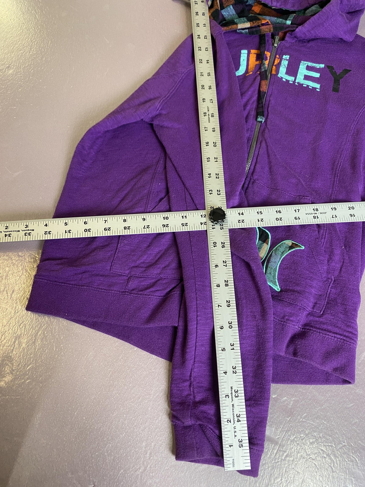 Hurley Hoodie Sweatshirt Womens Medium Purple Full Zip Graphic Logo Plaid Lined