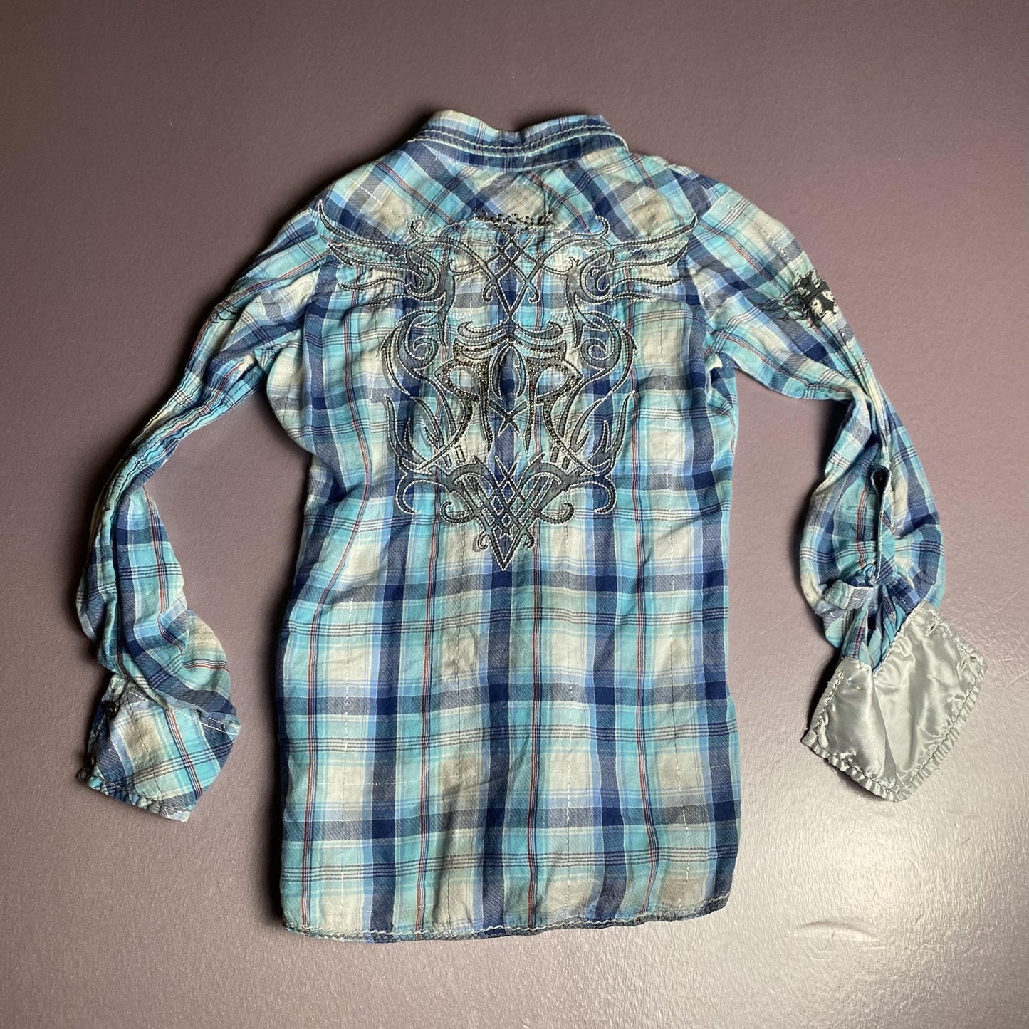 Roar Shirt Womens Small Blue Plaid Embroidered Western Snap Button Distressed