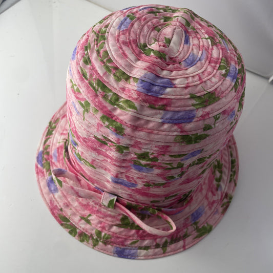 True Vtg Valerie Modes 22 UNION LABEL Pink Floral Woven Bucket Hat MOD MCM